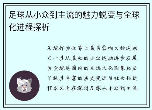 足球从小众到主流的魅力蜕变与全球化进程探析